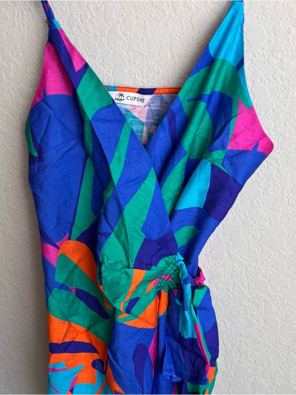 Cupshe Papaya Pop Tropical Mini Wrap Dress Small S Blue Green Print NWT Womens - Picture 7 of 15